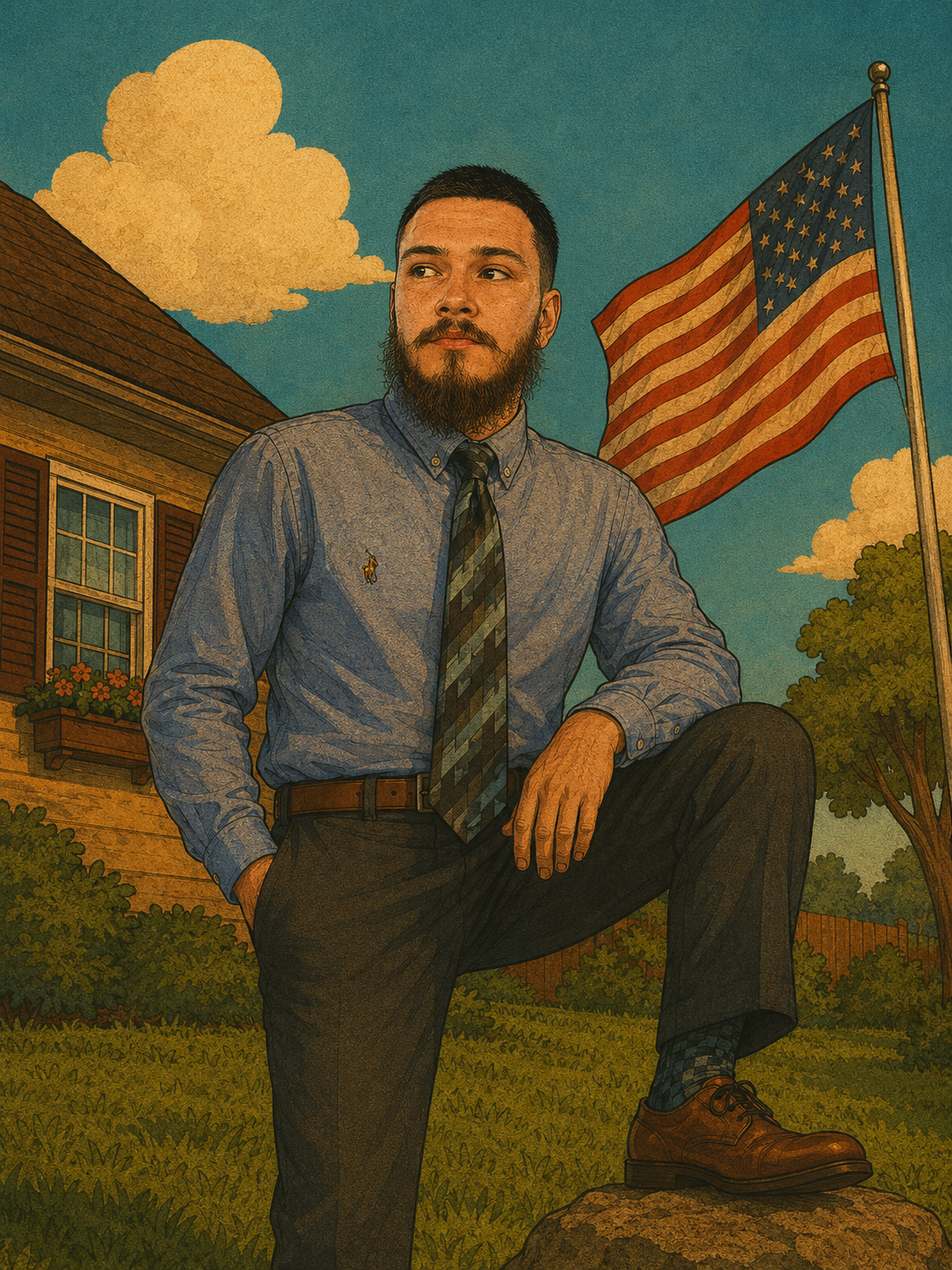 Jordan — founder, in front of a home with an American flag